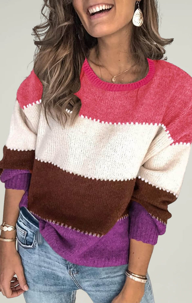 Angashio Womens Color Block Long Sweater Pink 02