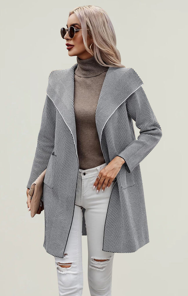 Women Long Sleeve Striped Cardigan Coat black White 02
