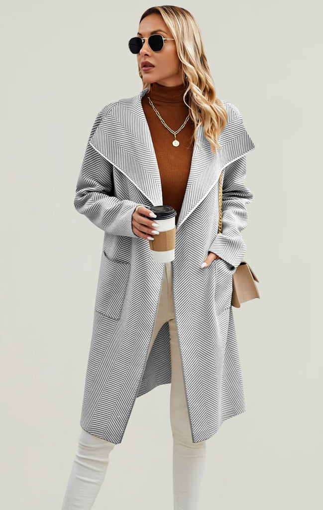 Women Long Sleeve Striped Cardigan Coat gray White 01
