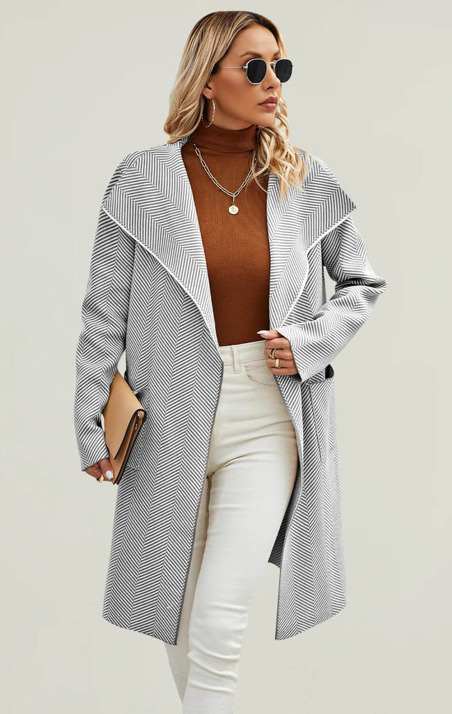 Women Long Sleeve Striped Cardigan Coat gray White 02