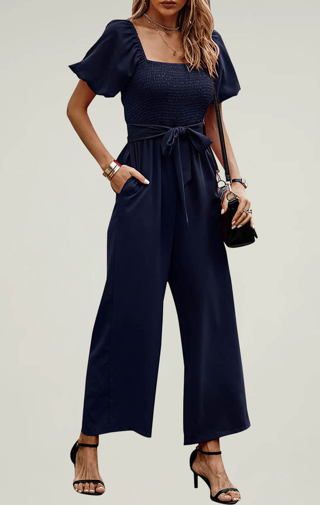 Womens Square Neck Jumpsuit Breathable Summer Outfit Navy Blue 01