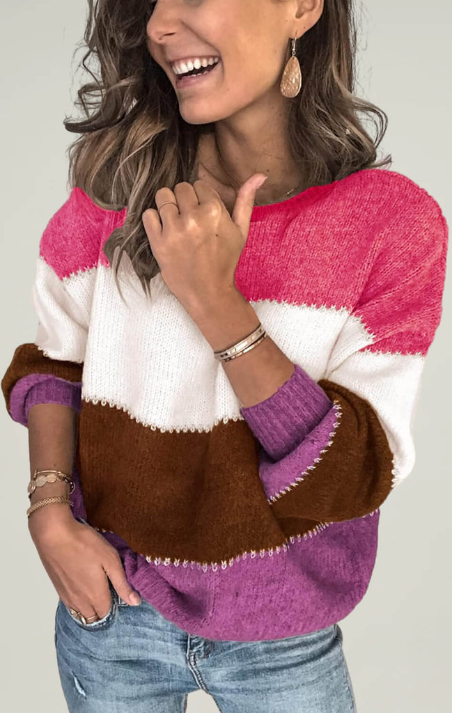 Angashio Womens Color Block Long Sweater Pink 01
