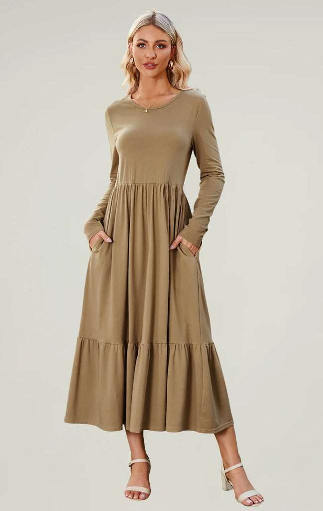 Angashion Women High Waist Maxi Dress Khaki 01