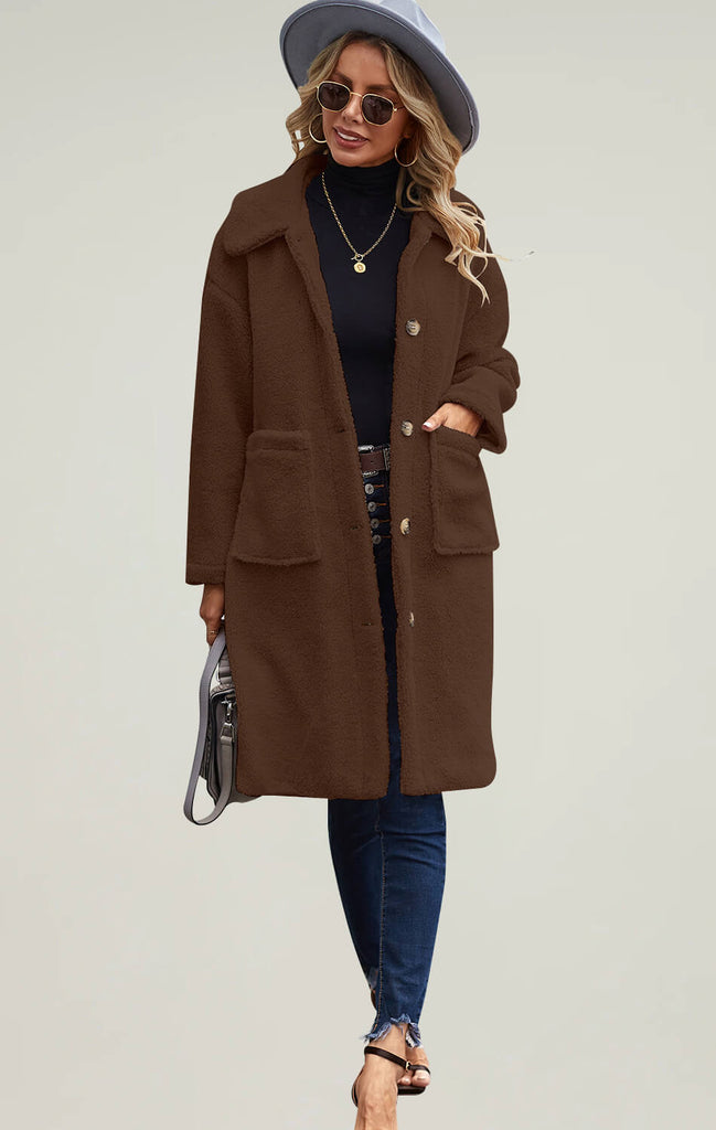 Angashion Womens Front Winter Long Coat Faux Brown 01