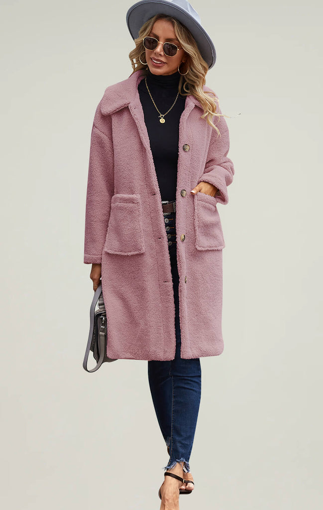 Angashion Womens Front Winter Long Coat Faux Pink 01