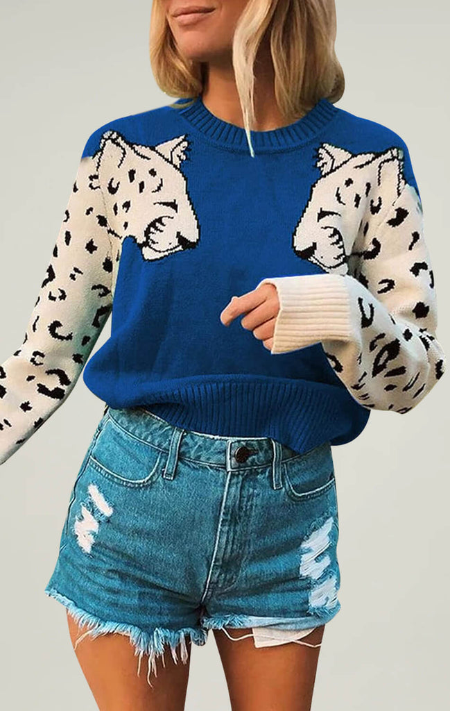 Angashion Womens Leopard Printed Sweaters Blue 01
