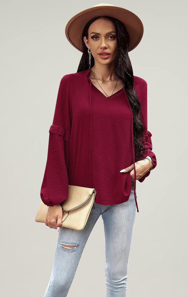 Angashion Womens Loose Blouses Long Sleeve Tops Wine Red 01