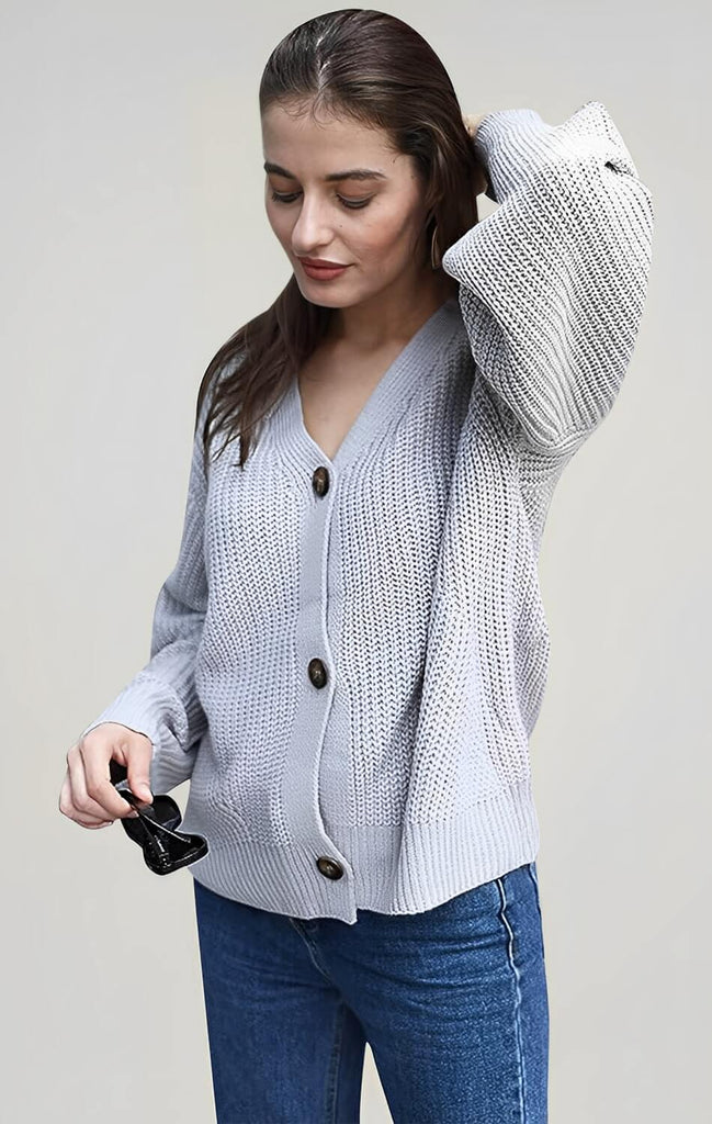 Angashion Womens V Neck Long Sleeve Cardigan Grey 01