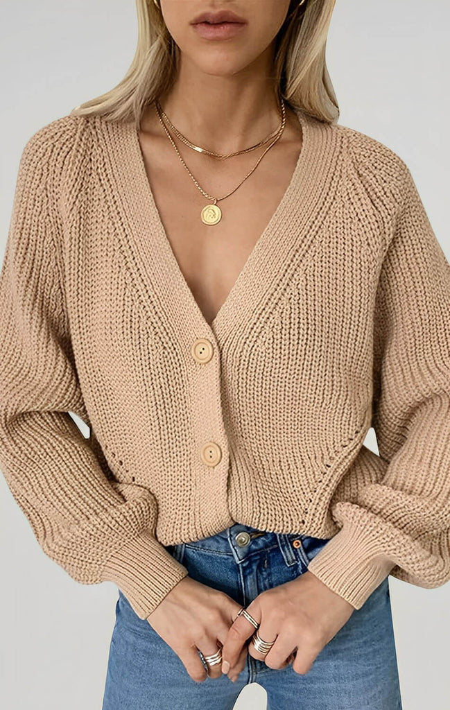 Angashion Womens V Neck Long Sleeve Cardigan Khaki 02