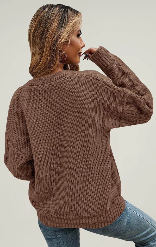 Angashion Womens V Neck Long Sleeve Sweaters Tops Brown 02
