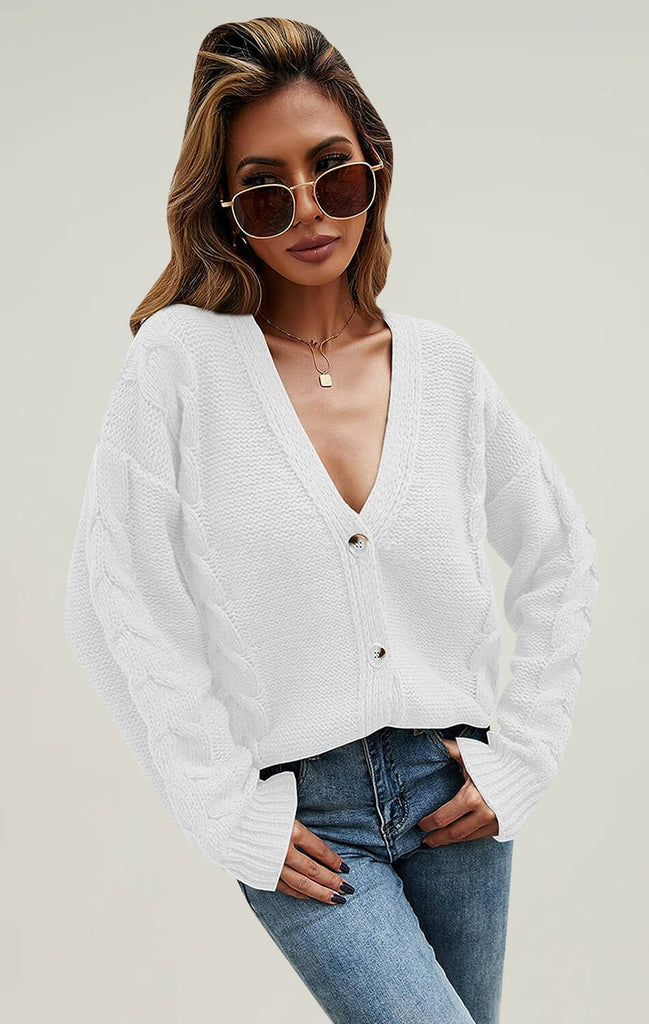 Angashion Womens V Neck Long Sleeve Sweaters Tops White 01