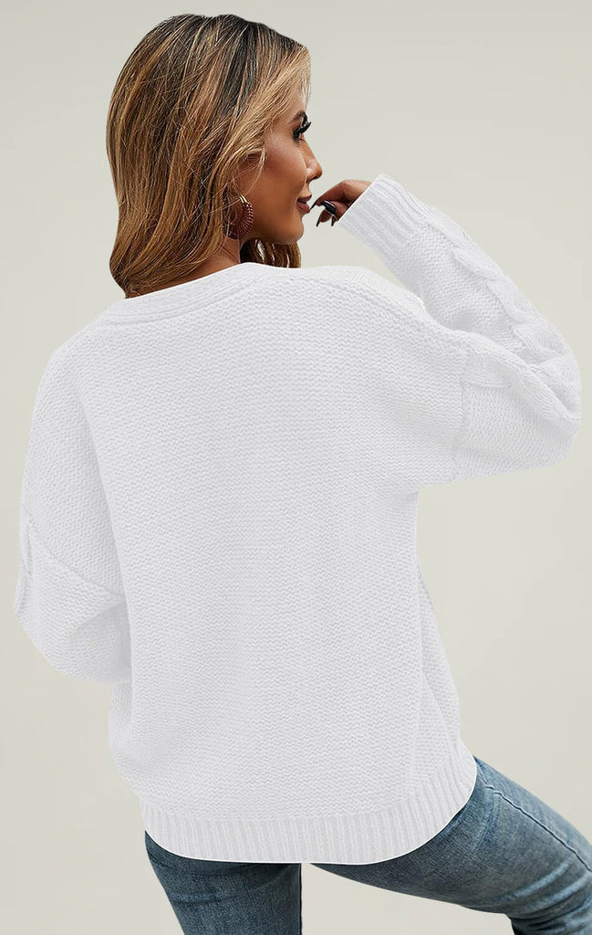 Angashion Womens V Neck Long Sleeve Sweaters Tops White 02
