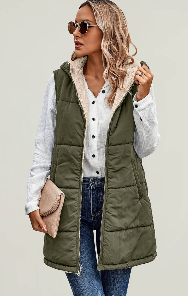 Women Long Puffer Vest Jacket Army Green 01