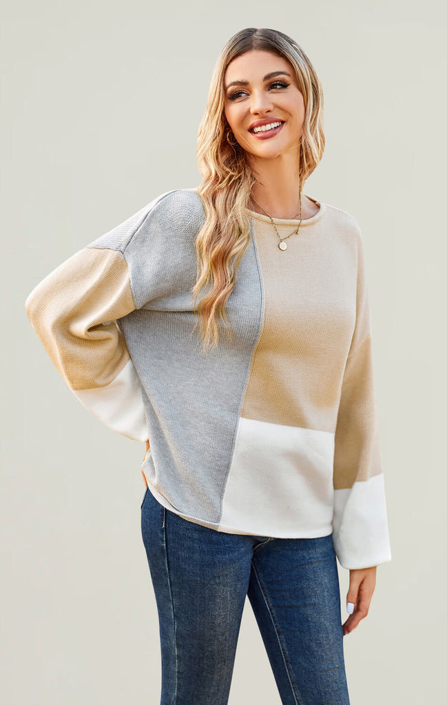 Women Long Sleeve Color Block Knit Pullover Sweaters beige 02