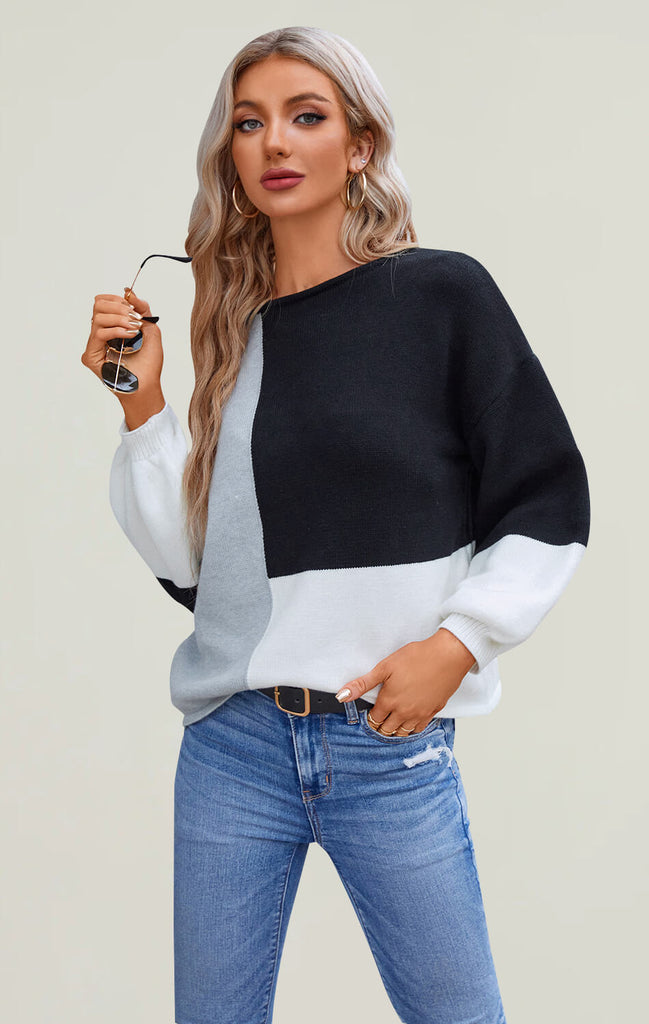 Women Long Sleeve Color Block Knit Pullover Sweaters black 01