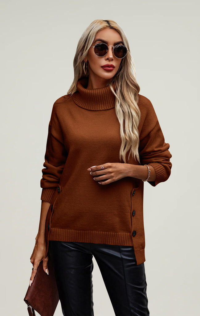 Women Long Sleeve Pullover Sweaters Turtleneck Plaid Caramel 01