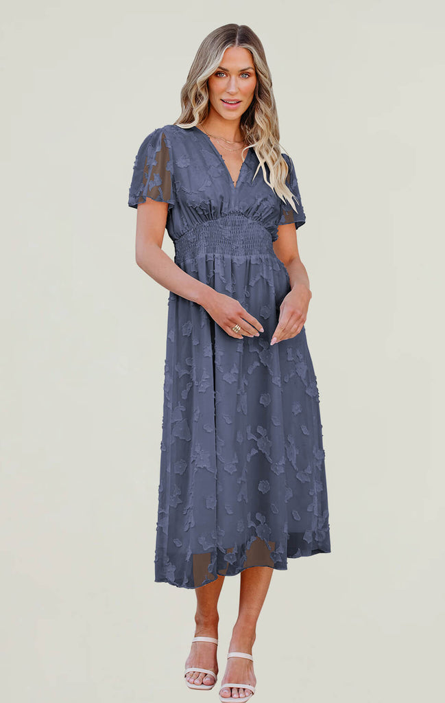 Women Summer Casual Short Midi Dress Grey Blue 01