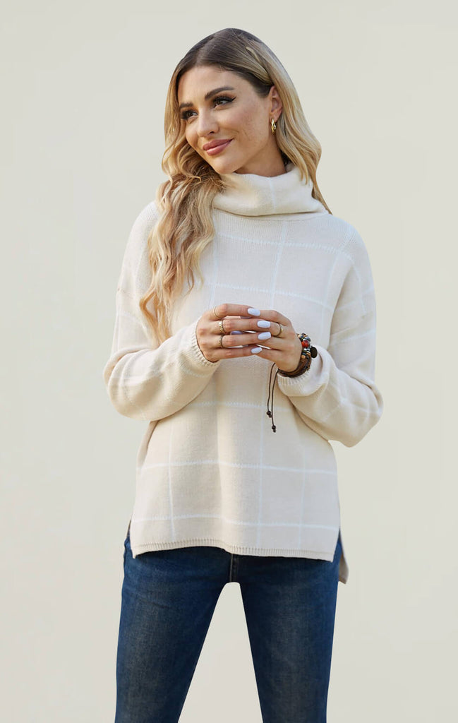 Women Turtleneck Plaid Long Sleeve Loose Sweaters Beige 01