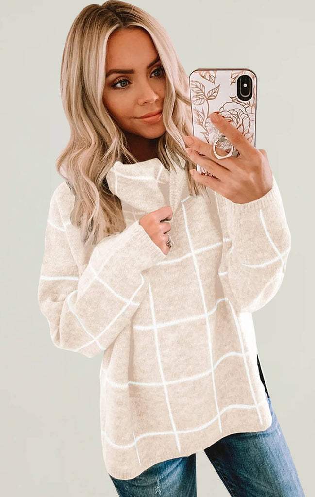 Women Turtleneck Plaid Long Sleeve Loose Sweaters Beige 02