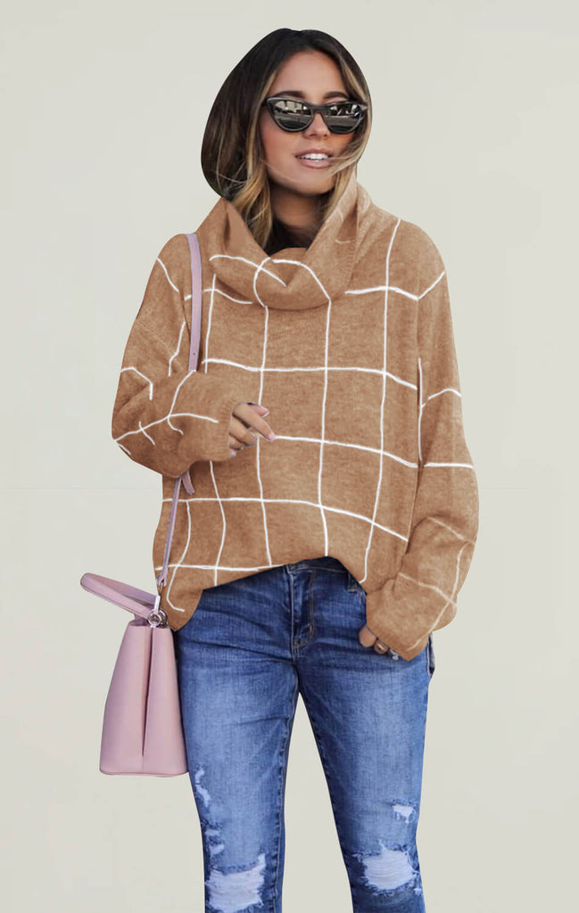Women Turtleneck Plaid Long Sleeve Loose Sweaters Khaki 02