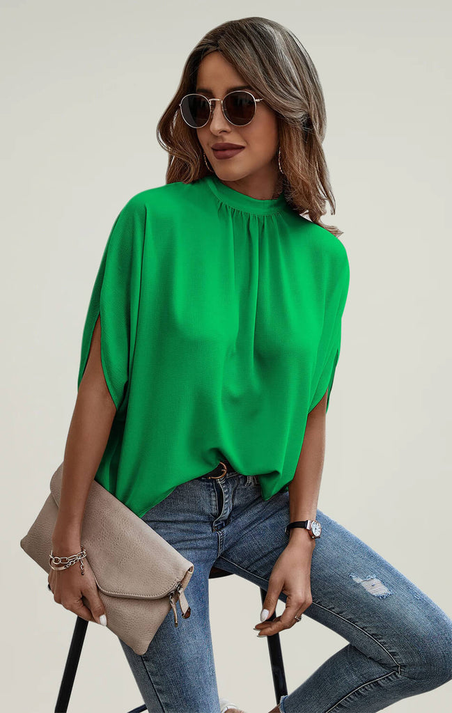 Womens-Batwing-Sleeve-Pleated-Tops-Short-Green-01