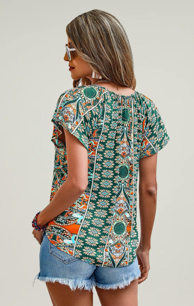 Womens-Short-Sleeve-V-Neck-Floral-Print-Top-Green-02
