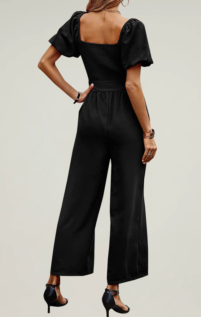 Womens Square Neck Jumpsuit Breathable Summer Outfit Black 02