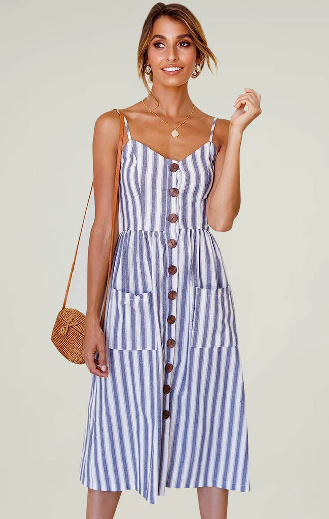 Womens Strap Button Midi Dress Blue Striped 01