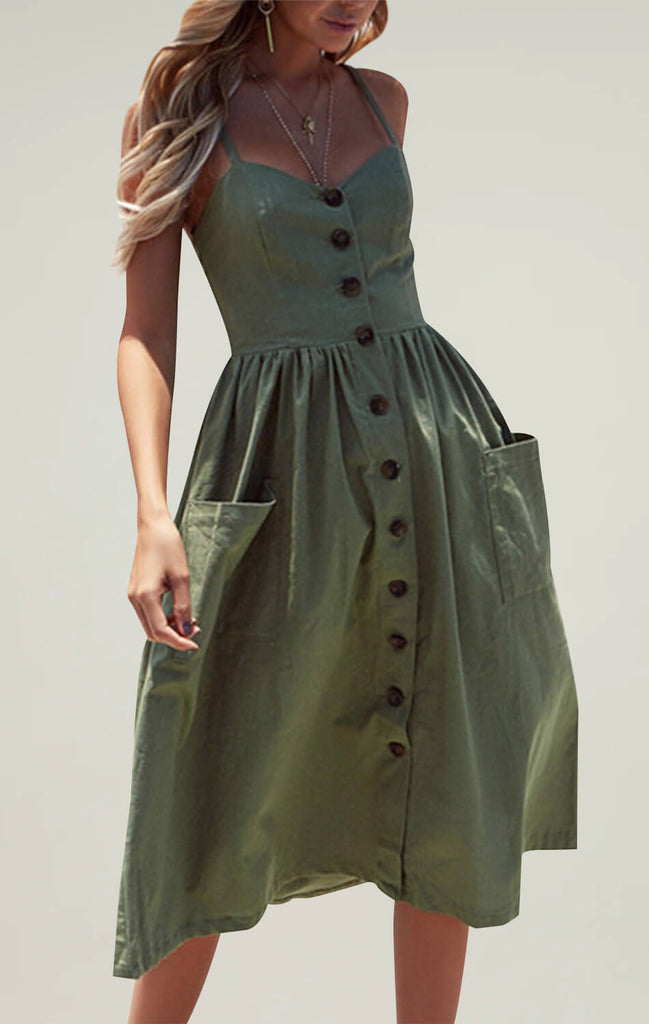 Womens Strap Button Midi Dress Green 01