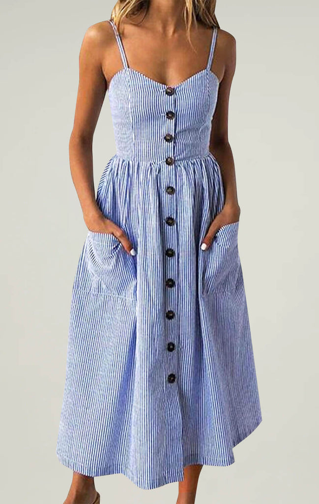Womens Strap Button Midi Dress Navy Blue Striped 01