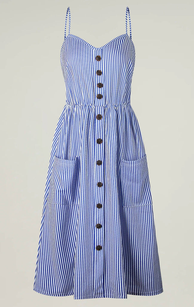 Womens Strap Button Midi Dress Navy Blue Striped 02