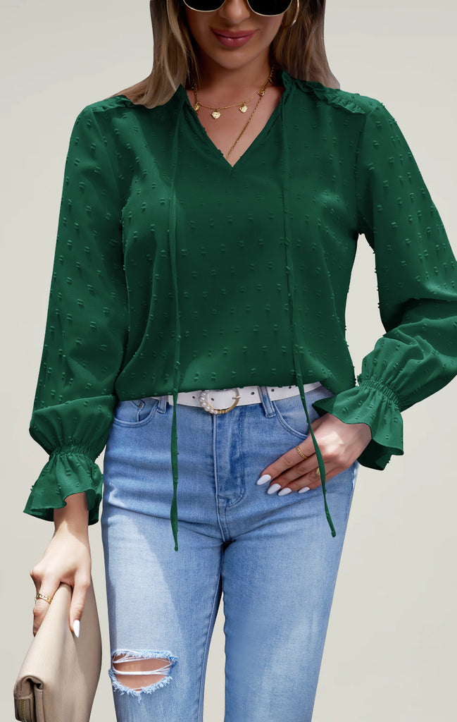 Womens V Neck Ruffle Blouse Green 01